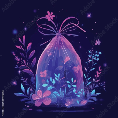 Aromatherapy concept with aroma sachet with flowers in futuristic glowing style on dark purple , vector style simple color