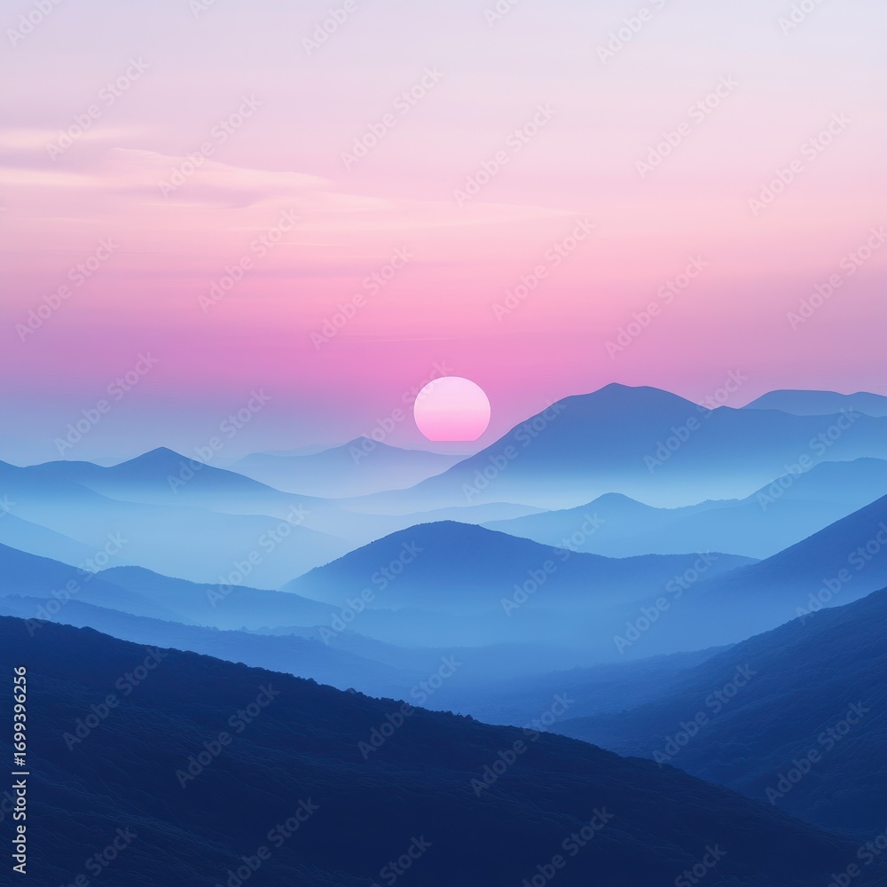 Obraz premium Mountaintop sunset concept. Serene sunset over misty mountains in soft pastel colors.
