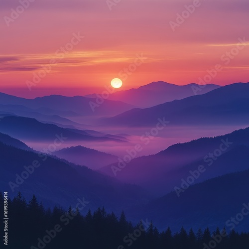 Mountaintop sunset concept. Vibrant sunset over layered mountains, casting a serene glow in the sky.