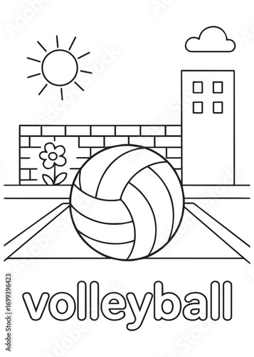 coloring book volleyball ball in playground court with sun shining and buildings for kids activity