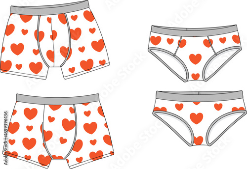 Vector illustration of men and women underwear set, heart print design, boxer briefs and panties, fashion lingerie apparel template mockup