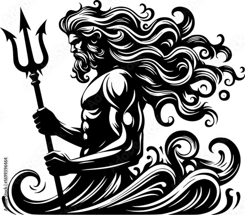 Minimalist black and white vector icon of Poseidon with clean lines. Modern, simple, scalable design for stickers, logos, or digital use.