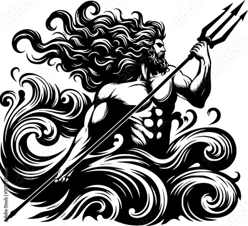 Minimalist black and white vector icon of Poseidon with clean lines. Modern, simple, scalable design for stickers, logos, or digital use.