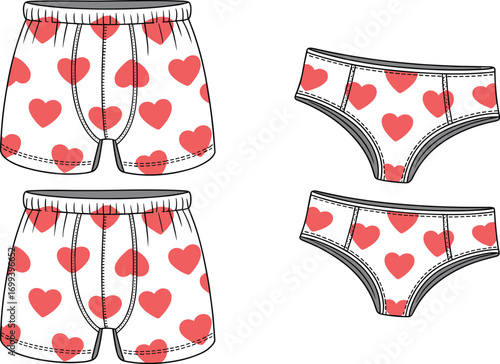 Vector illustration of men and women underwear set, red heart print boxers and panties, romantic fashion lingerie clothing template design mockup