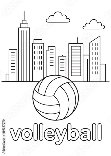 coloring book volleyball ball on grass field with modern city skyline in background for kids activity