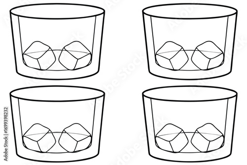 Four glasses with ice cubes drinks beverage