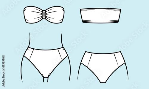 Vector illustration of women bikini swimwear fashion template, front and back view, stylish lingerie, beachwear clothing design mockup for summer