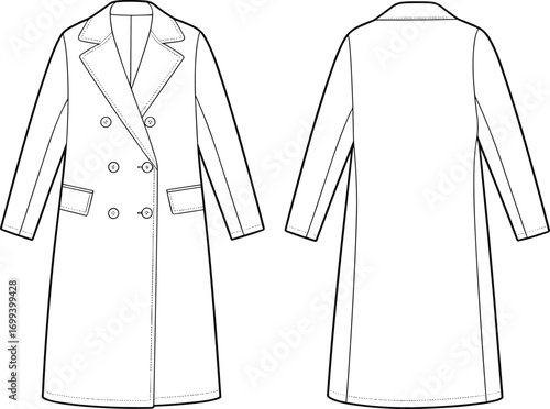 Women’s double-breasted long coat flat fashion sketch with lapel collar and flap pockets, vector garment design technical drawing template