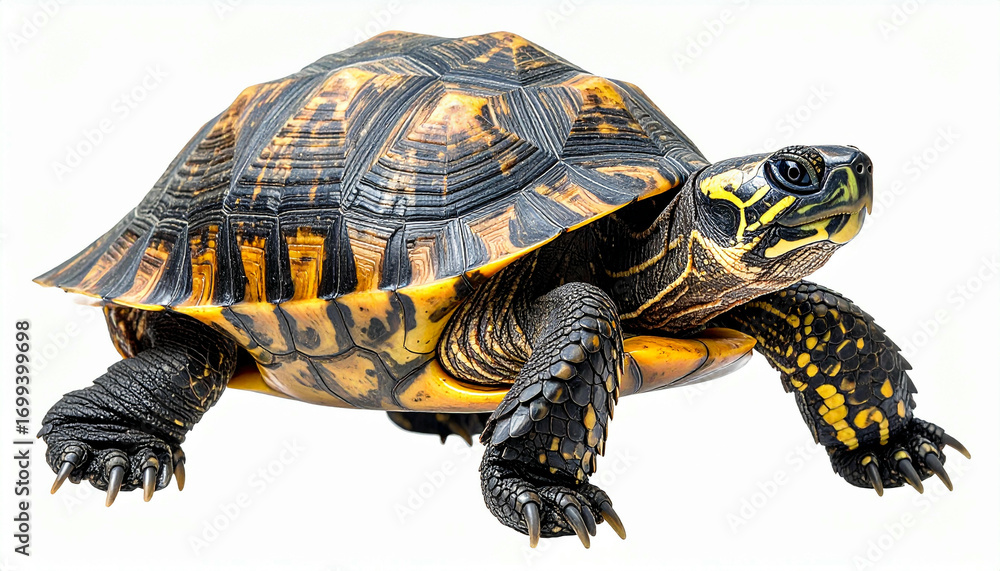 Obraz premium A close-up studio shot of a box turtle with a patterned shell, isolated on white.