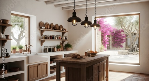 Bright rustic kitchen features a wooden island, whitewashed walls, open shelving with kitchen items, and a window view of vibrant bougainvillea plants. 
