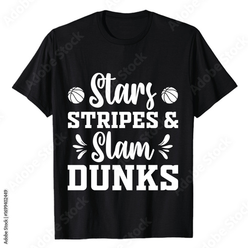 Stars stripes and slam dunks basketball design printed on a black t shirt for sports lovers
