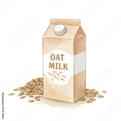 Fresh oat milk carton with grains, a perfect choice for healthy, plant-based living