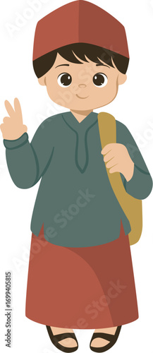 Muslim Boy with Songkok holding bag illustration