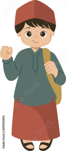 Illustration of spirited Muslim Boy with Bag