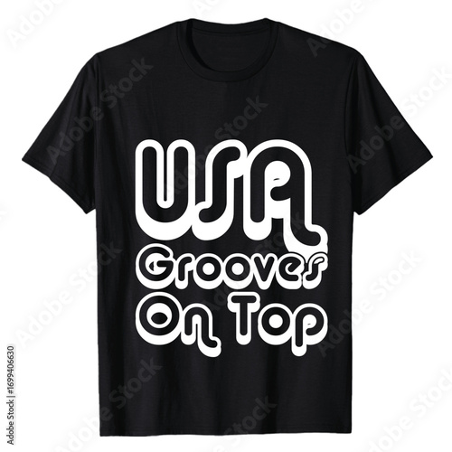 Usa grooves on top text design on black t shirt promoting music and culture