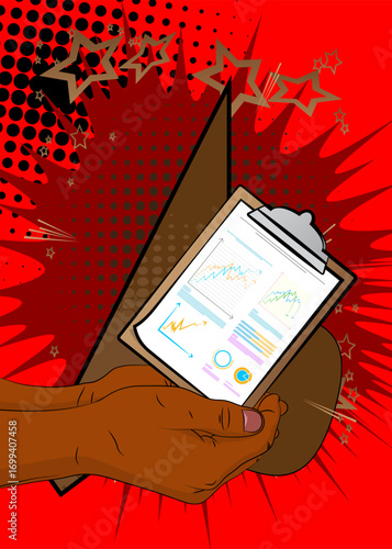 Cartoon, comic book human hands holding business report. Retro vector comics pop art design.