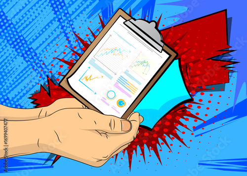 Cartoon, comic book human hands holding business report. Retro vector comics pop art design.