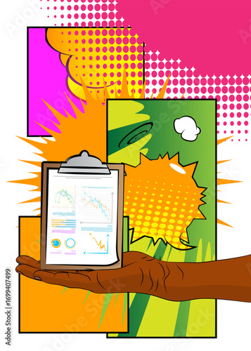 Cartoon, comic book human hands holding business report. Retro vector comics pop art design.