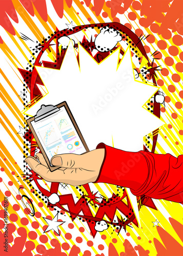 Cartoon, comic book human hands holding business report. Retro vector comics pop art design.