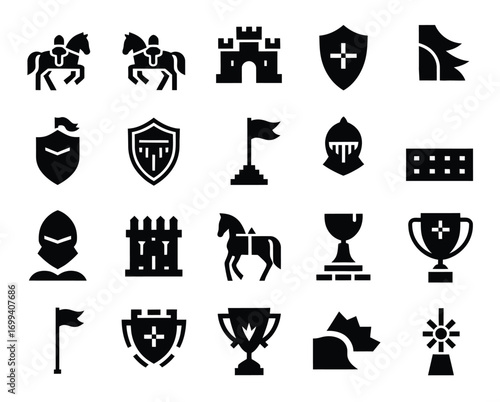 Equestrian Horse Racing Sport Outline Vector Icons – Simple Black Line Art Set Featuring Riding Gear, Saddles, Helmets, Horses, Jockeys, Whips, Flags, Competition Symbols, Training Accessories, Trophy