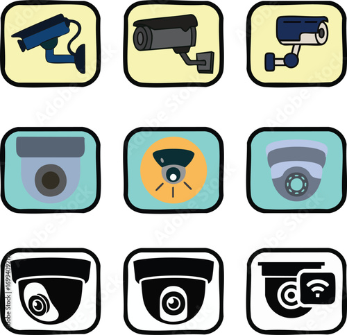 Diverse security camera icons showcasing surveillance technology and home monitoring solutions