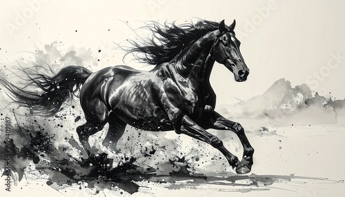 白黒墨絵で描く躍動感ある馬のアートイラスト