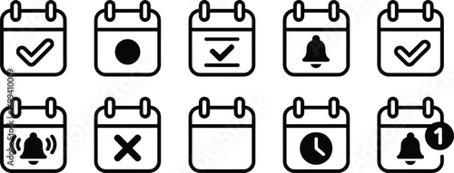 Calendar icon set illustration, reminder symbols, checkmark bell clock X, notification graphics, scheduling interface, black white sketch, task management design