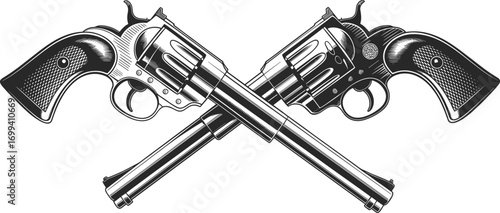 Crossed revolvers, vintage style, black and white, gun silhouette, Wild West, firearm illustration, pistol, weapon, duel, iconic design