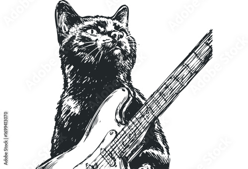 Black Cat Playing Electric Guitar Hand Drawn Transparent. Vector hand drawn illustration