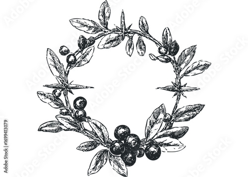Hand drawn circular wreath of berry branches with detailed leaves and thorns on transparent background. Vector hand drawn illustration