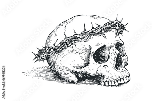 Skull with Crown of Thorns Image. Vector hand drawn illustration