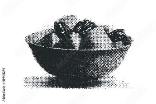 Textured bowl with mixed nuts and dried fruit, isolated on transparent background. Vector hand drawn illustration