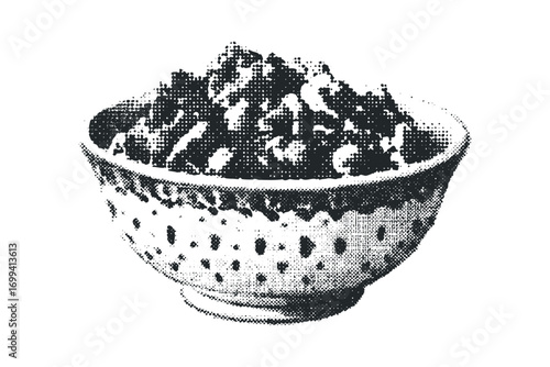 Halftone bowl filled with seeds on a transparent. Vector hand drawn illustration