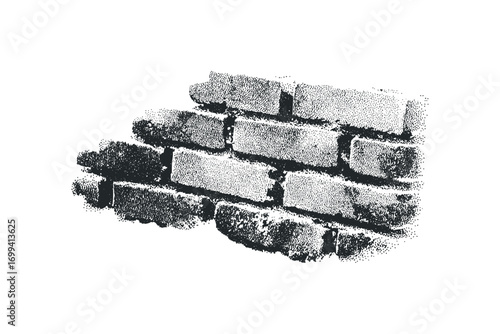 Stippled brick wall segment image on transparent background. Vector hand drawn illustration