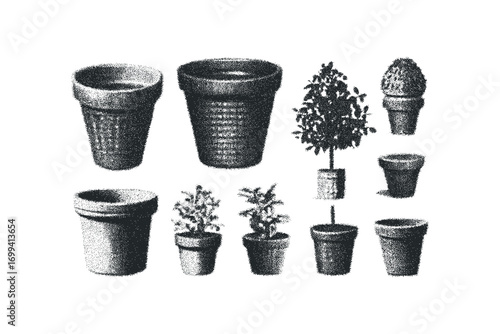 Collection of potted plants and various earthenware containers on a white background. Vector hand drawn illustration