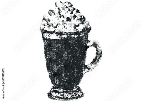 Black and White Halftone Hot Beverage in Tall Glass Image. Vector hand drawn illustration