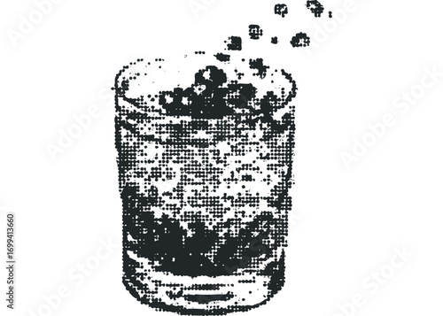 Halftone style glass filled with beverage and bubbles. Vector hand drawn illustration