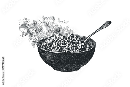Bowl of textured grainy food with steam and spoon. Vector hand drawn illustration