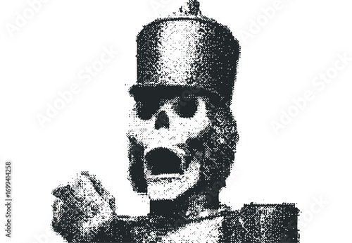 Skeleton soldier wearing a tall hat with open mouth. Vector hand drawn illustration