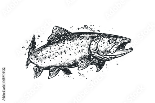 Sketch of a trout fish with open mouth on a white. Vector hand drawn illustration