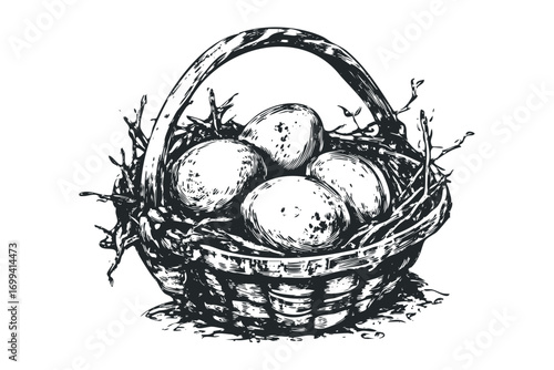 Sketch of eggs in a rustic basket on a transparent background. Vector hand drawn illustration