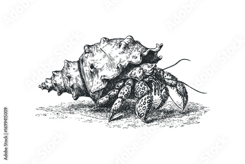 Detailed sketch of a hermit crab emerging from a textured seashell on a transparent background. Vector hand drawn illustration