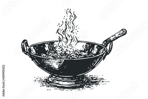 Wok with food cooking and steam on transparent background. Vector hand drawn illustration