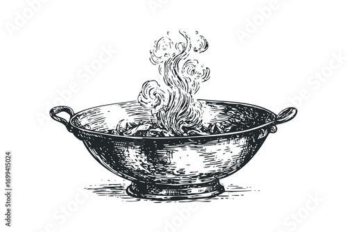 Steaming bowl with swirling vapor on transparent. Vector hand drawn illustration