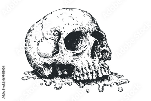 Melted human skull with dripping liquid, graphic sketch on white. Vector hand drawn illustration