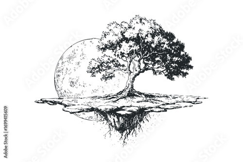 Ink drawing of a solitary tree on a floating island against a large moon. Vector hand drawn illustration