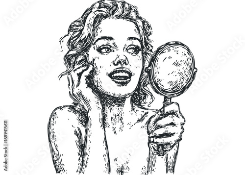 Pensive woman looking in a handheld mirror with expressive eyes and wavy hair,. Vector hand drawn illustration