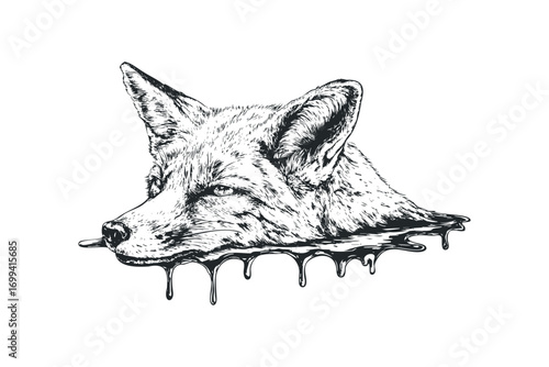 Hand drawn sketch of a fox head emerging from dripping liquid on transparent. Vector hand drawn illustration