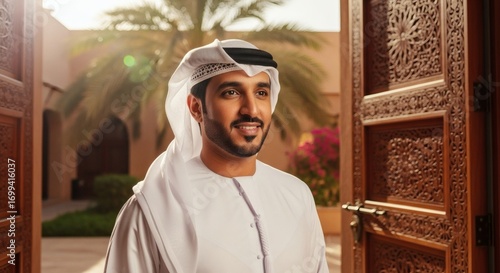 Man arabic in traditional Emirati attire smiling outdoors