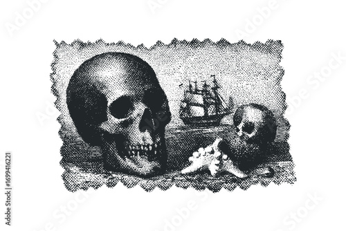 Vintage Etching of Skull, Ship, and Starfish on Transparent Background. Vector hand drawn illustration